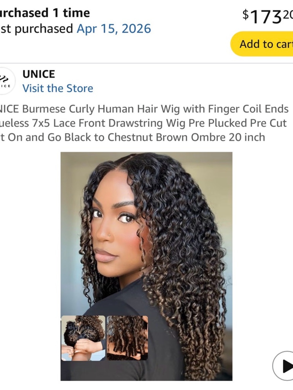 Sunice Black to Chestnut Brown Ombre Curly Human Hair Wig